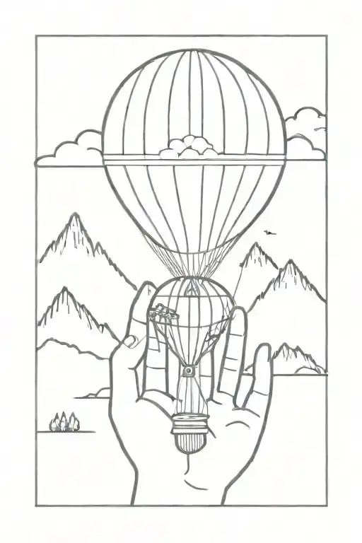 Minimalistic Fine Line Tattoo Design Featuring Moutains With Small Hot Air Ballon Into Palm Trees