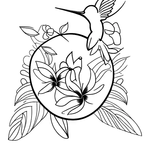 A Minimalist Tattoo Of A Hummingbird Surrounded By Tropical Flowers