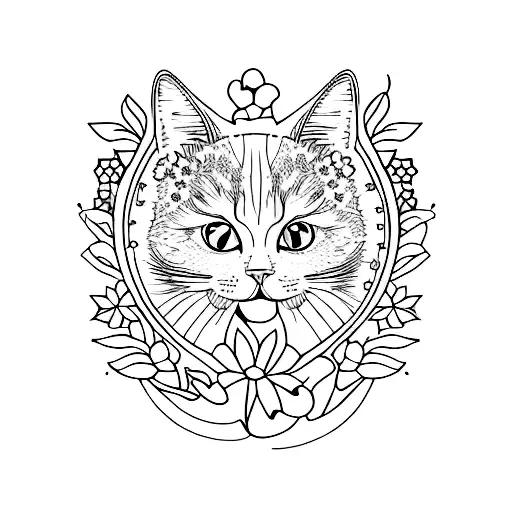 A Blackwork Tattoo Of A Cat Gracefully Walking Through A Field Of Wildflowers