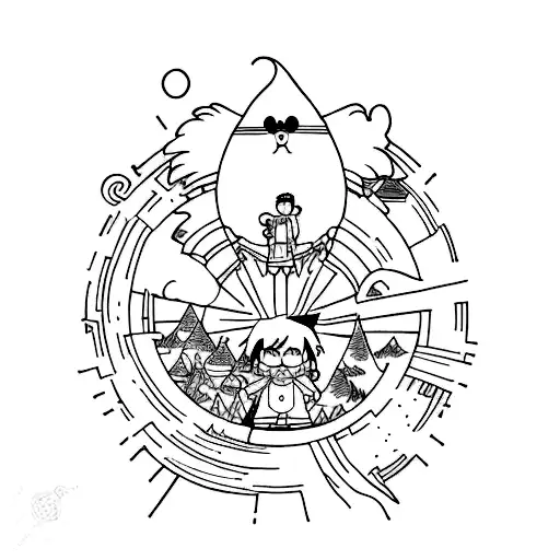 A Minimalist Tattoo Featuring Characters From Hayao Miyazaki Movies In A Mountain Landscape