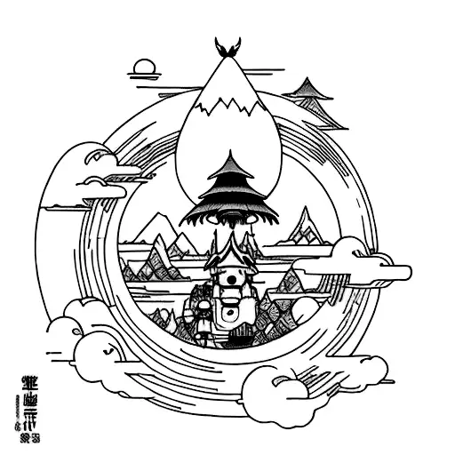 A Minimalist Tattoo Featuring Characters From Hayao Miyazaki Movies In A Mountain Landscape