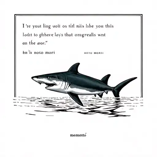 A Quote Saying Memento Mori With A Shark In The Middle Swiming On Its Side With The Mouth Open