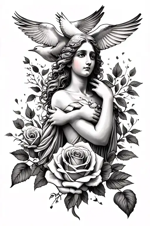 Beautiful Aphrodite With Doves And Rose