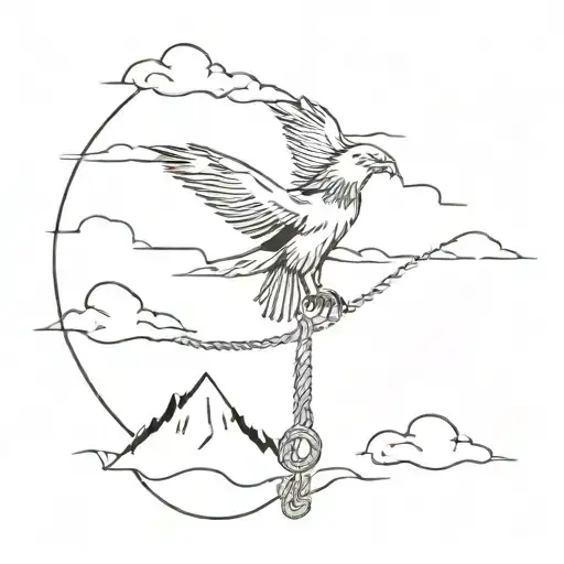 Mountain Covered With Cloud Background Eagle Flying Its Leg Tied By Rope In Anchor