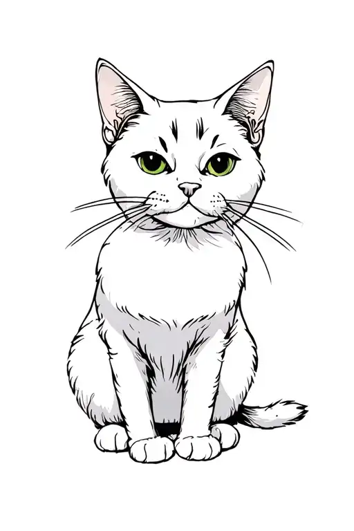 Cute White Cat Sitting And Looking Straight Ahead