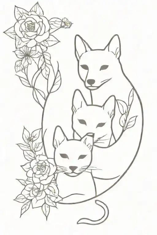 Dog And Cat Drawing In Flowers