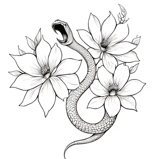 A Snake With An Open Mouth Coils Around Large Thin Flowers