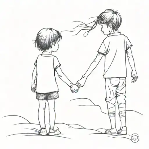 Little Brother And Big Sister Holding Hands From Behind