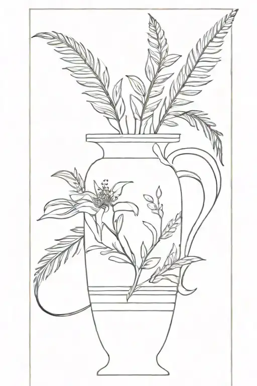 Black And White Tall Ornamented Greek Vase With A Few Ferns And Lilys