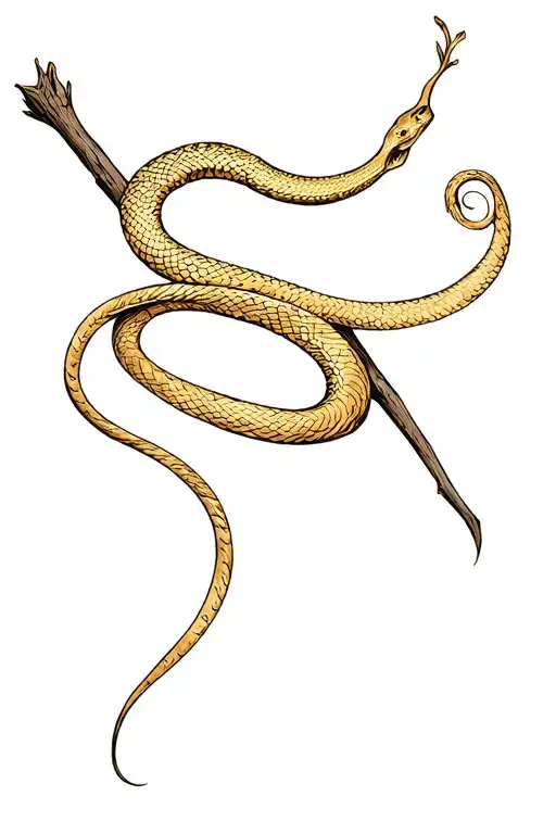 Bronze Snake Around A Wood Staff