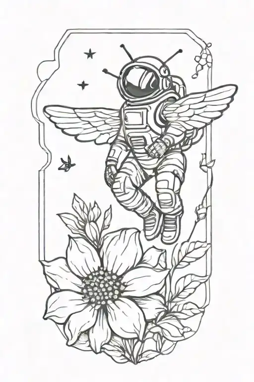 Astronaut With The Wings Of A Bee Hovering Over A Flower