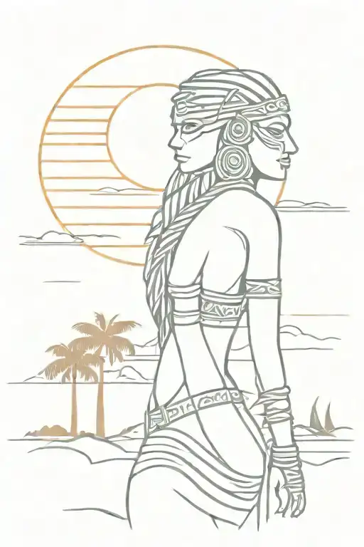 Aztec Warrior Woman With Sunset And Palm Trees