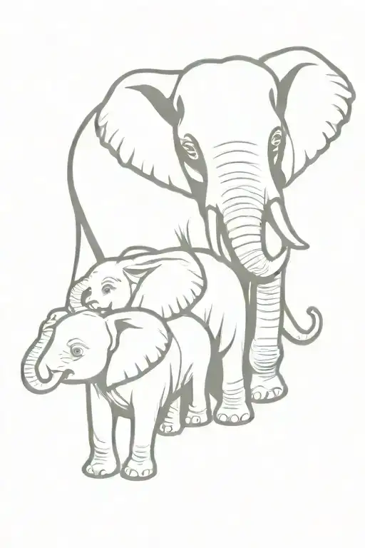 Elephant Mother With Her Two Children Around