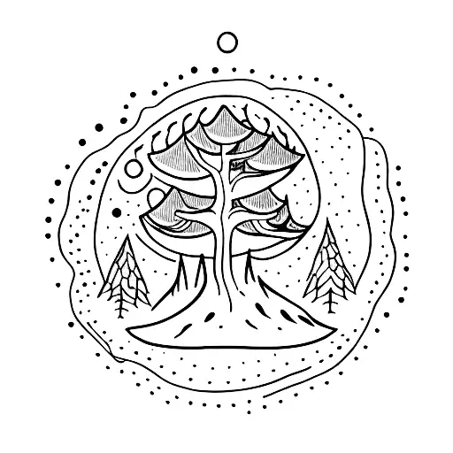 A Dotwork Tattoo Showcasing A Whimsical Forest Landscape With Mystical Elves