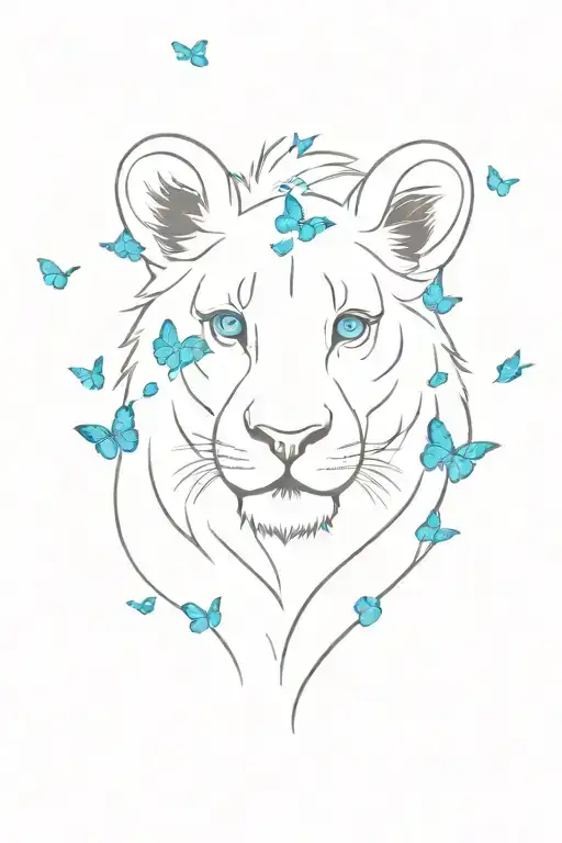 A Blue-eyed Baby Lion Surrounded By Blue Butterflies