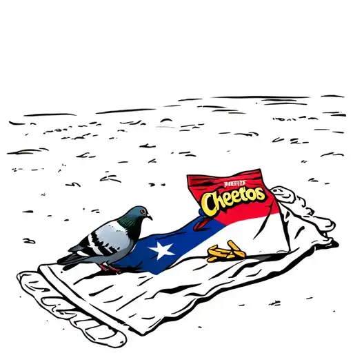 Pigeons Eating A Bag Of Cheetos On A Beach Towel With The Puerto Rican Flag On It