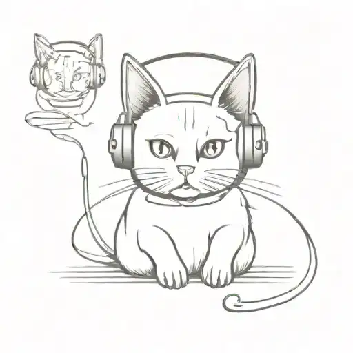 Cute Scary Cat Wearing Headphones And Listening