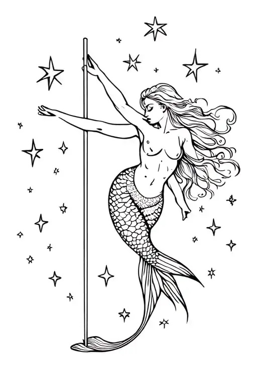 Mermaid Pole Dancer Surrounded By Stars
