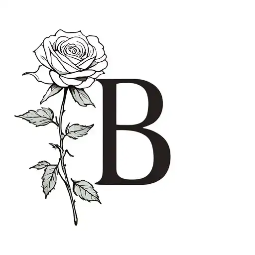 Fine Line Rose Tattoo With The Letter B
