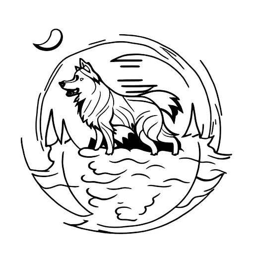 A Minimalist Tattoo Of A Wolf Howling At The Moon Over A Mountain Range