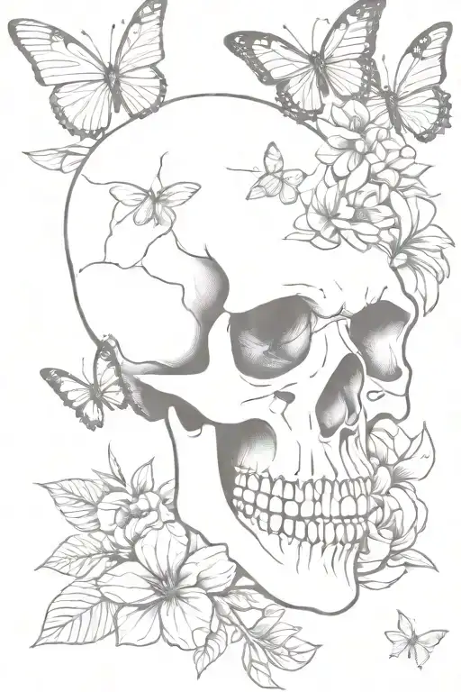 Skull And Flowers With Butterflies