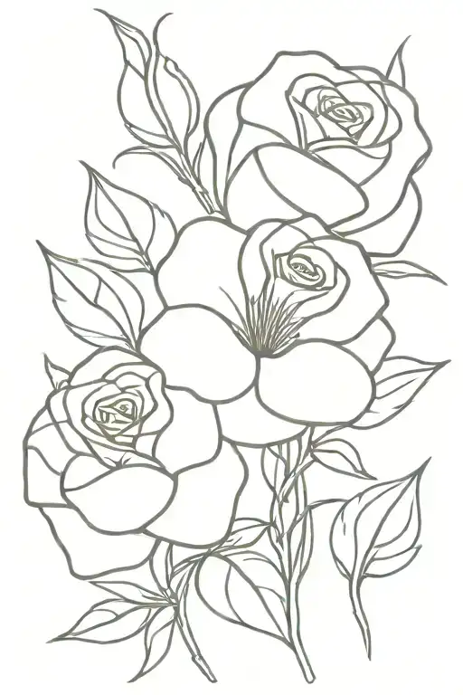 Flax Flower And Rose Line Drawing