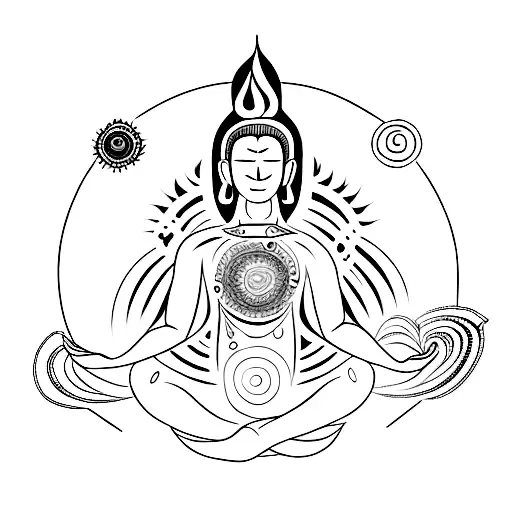 A Black And Grey Tattoo Of A Meditating Figure Surrounded By Chakra Symbols
