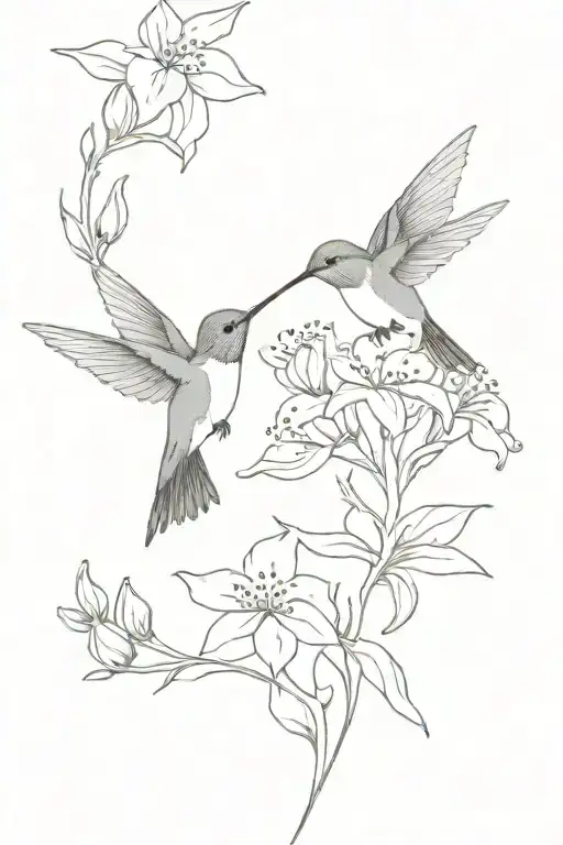 Fairy Hummingbirds Flying Around Delphinium Flower