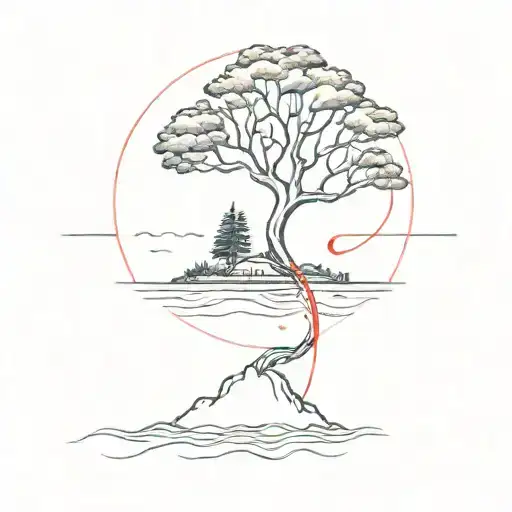 Tree With A Red String Of Fate On An Island In The Middle Of The Ocean