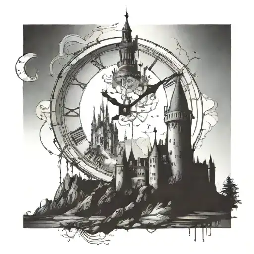A Single Clock Pointing To Midnight With A Castle On Top Of The Clock Above The 12