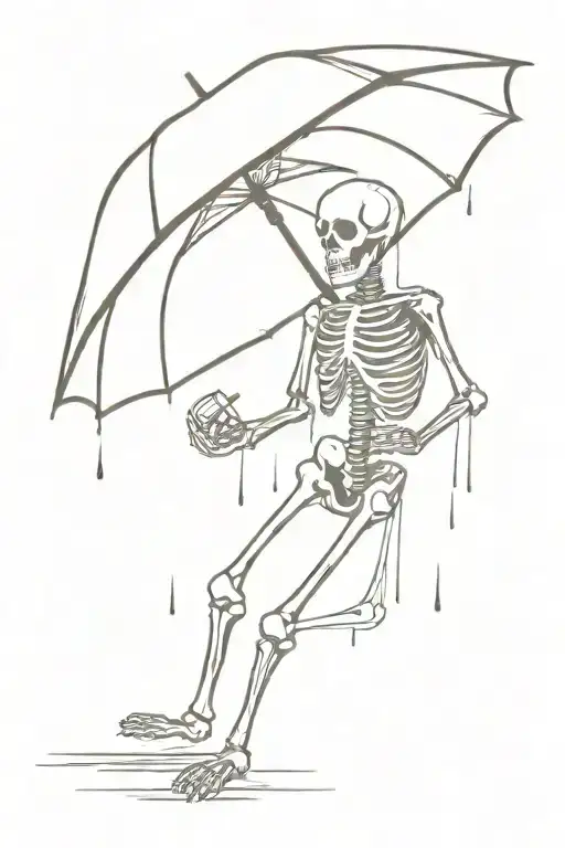 Black And White Skeleton Holding An Umbrella Getting Rained