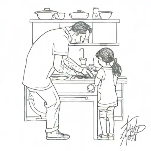 Dad And Daughter Cooking At A Stove From Behind