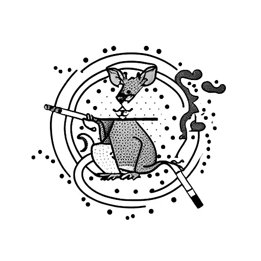 A Dotwork Tattoo Of A Cartoon Blind Rat Smoking A Cigarette