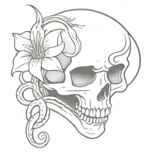 Snake Curled Into A Skull With A Lily Flower Sprouting From An Eye Socket