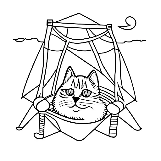 A Minimalist Tattoo Of A Cat Lounging In A Camping Hammock