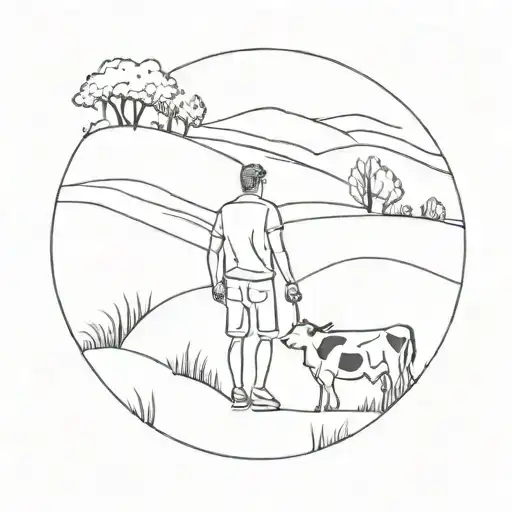 A Father And A Daughter In A Landscape With Cows