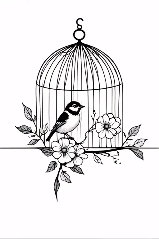 Bird Outside Cage With Flowers