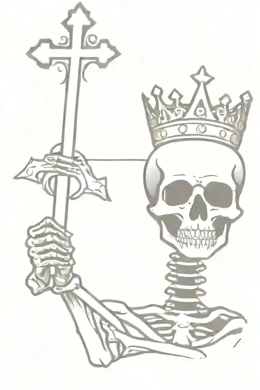 Skeleton With A Crown Holding A Cross And A Book