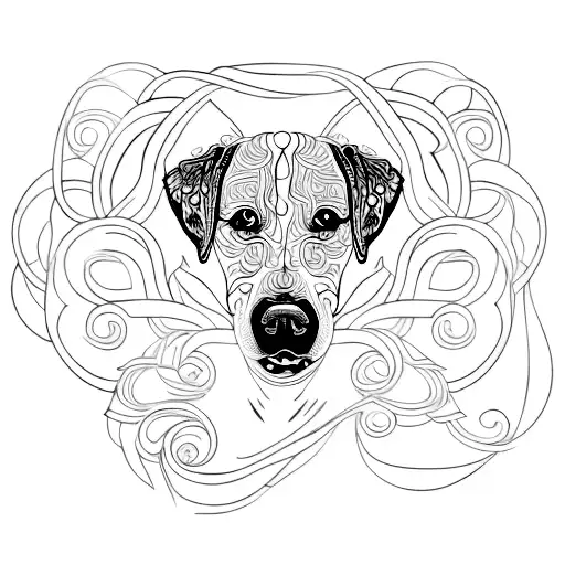 A Sketch Style Tattoo Of A Dog Surrounded By Intricate Swirls And Vines