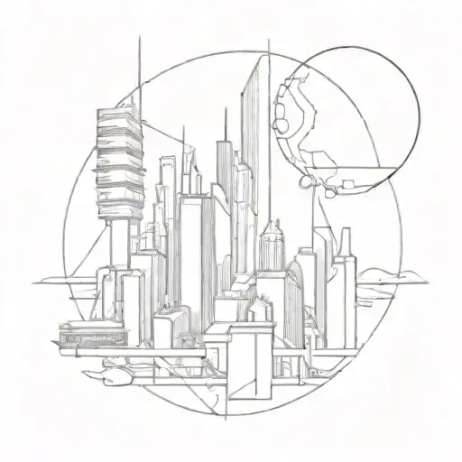 A Sketch Of A Futuristic Cityscape With Elements Of Technology And Travel Intertwined