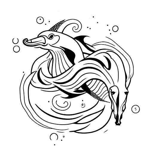 A Minimalist Tattoo Of A Horse And A Dolphin Swimming Together In The Ocean