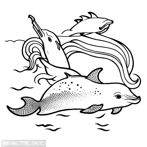 A Minimalist Tattoo Of A Horse And A Dolphin Swimming Together In The Ocean