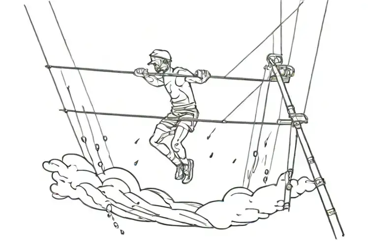 Cartoon Of Acrobat On Tightrope Under Pouring Rain