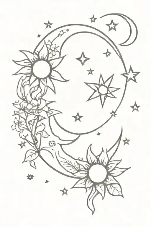 Sun And Moon Surrounded By Stars And Flowers