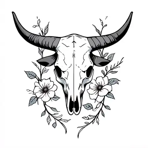 Bull Skull With Flowers And Vines Surrounding