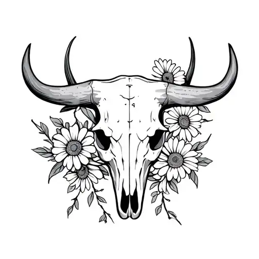 Bull Skull With Daisies And Vines Surrounding