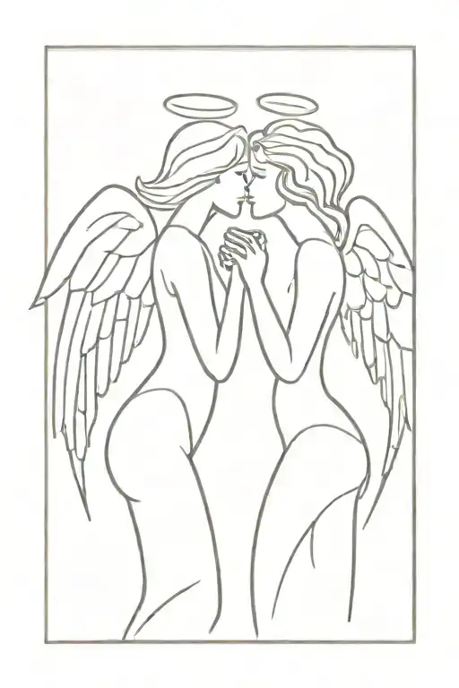 Angel And Demon Kissing Line Tattoo Design