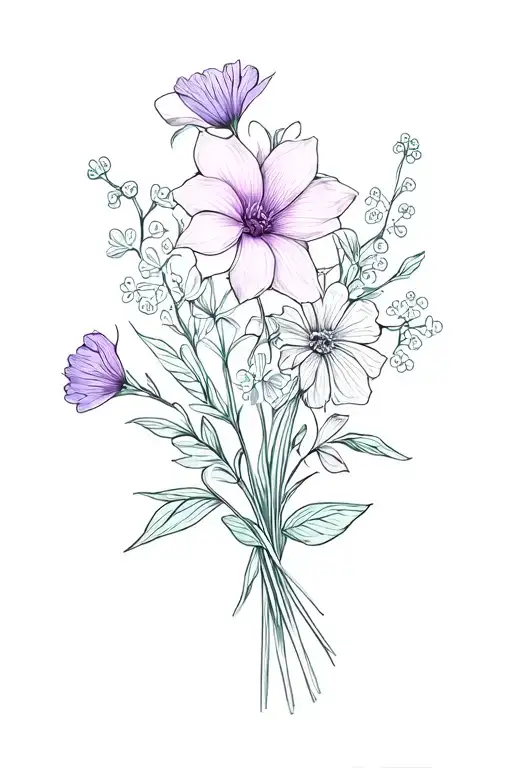 Fine Line Bouquet Tattoo Featuring Cardnations Violet Watterlilly Babybreath