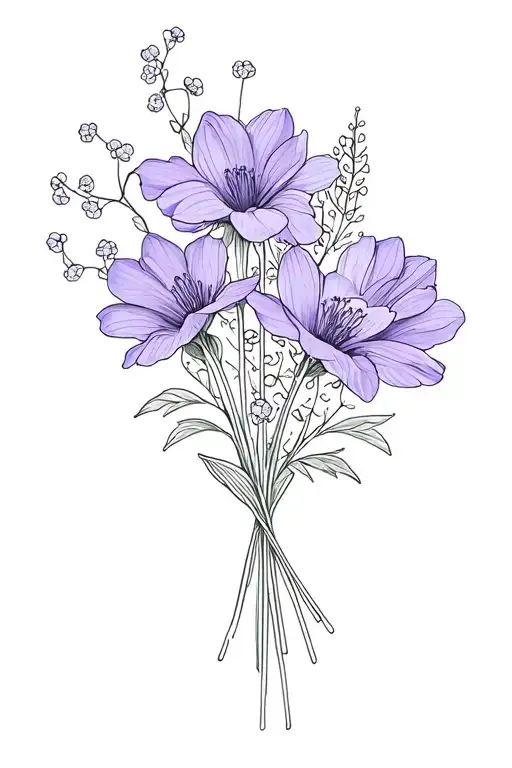 Fine Line Bouquet Tattoo Featuring Cardnations Violet Watterlilly Babybreath