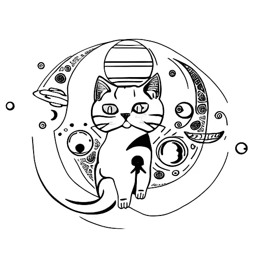 A Tattoo Of A Cat Sitting On A Crescent Moon With Planets Surrounding It